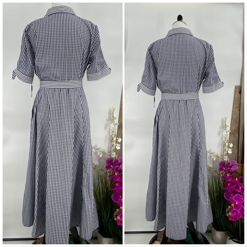 CALVIN KLEIN BLUE & WHITE GINGHAM FIT & FLARE MAXI DRESS SIZE 12 PETITE - Picture 13 of 16
